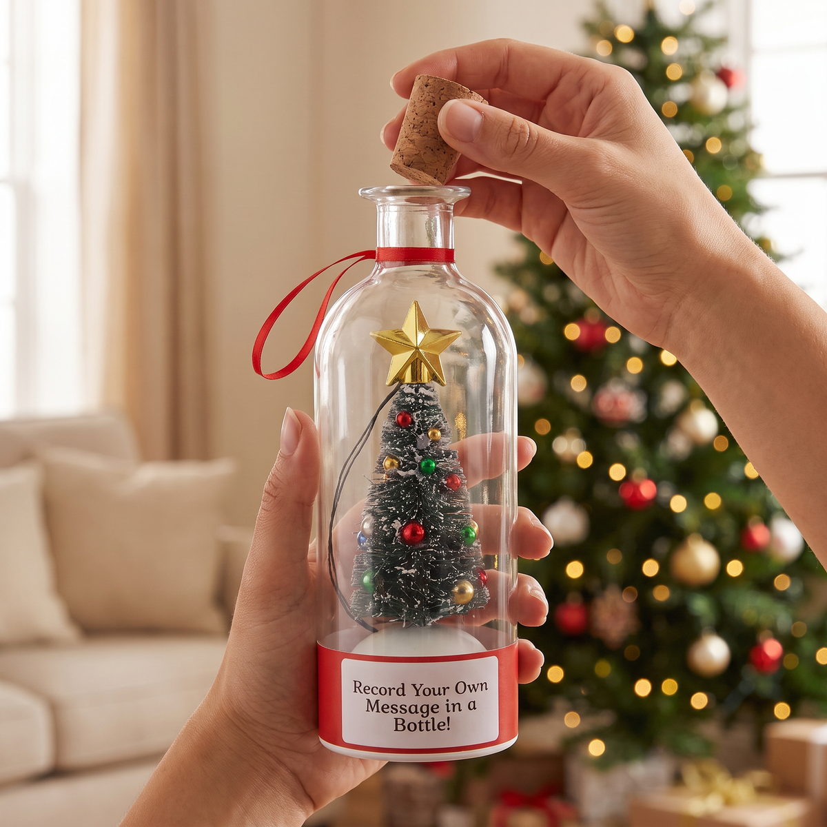 Hand pulling the cork of the Merry Message bottle to play the recorded message