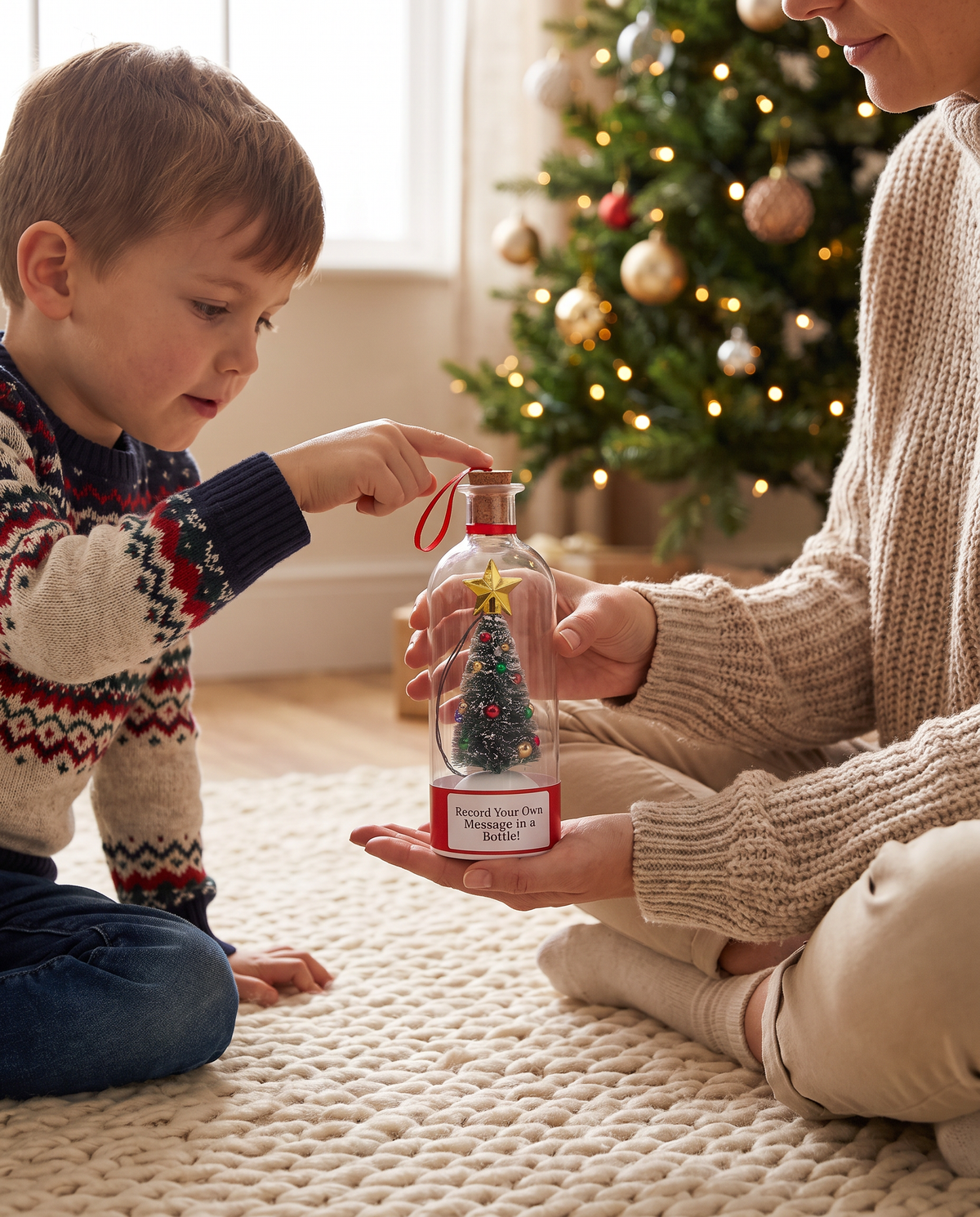 Mother holding the Merry Message bottle as her son reaches for the cork by the Christmas tree