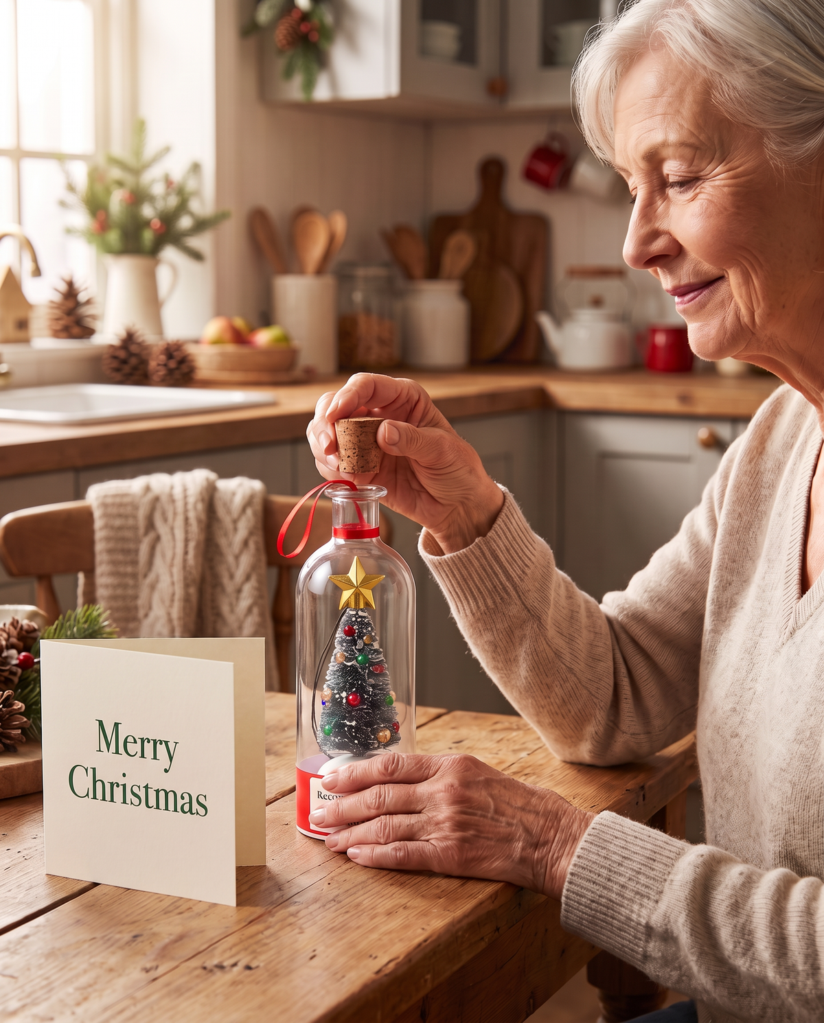 Grandmother pulling the cork of the Merry Message bottle to hear a family message