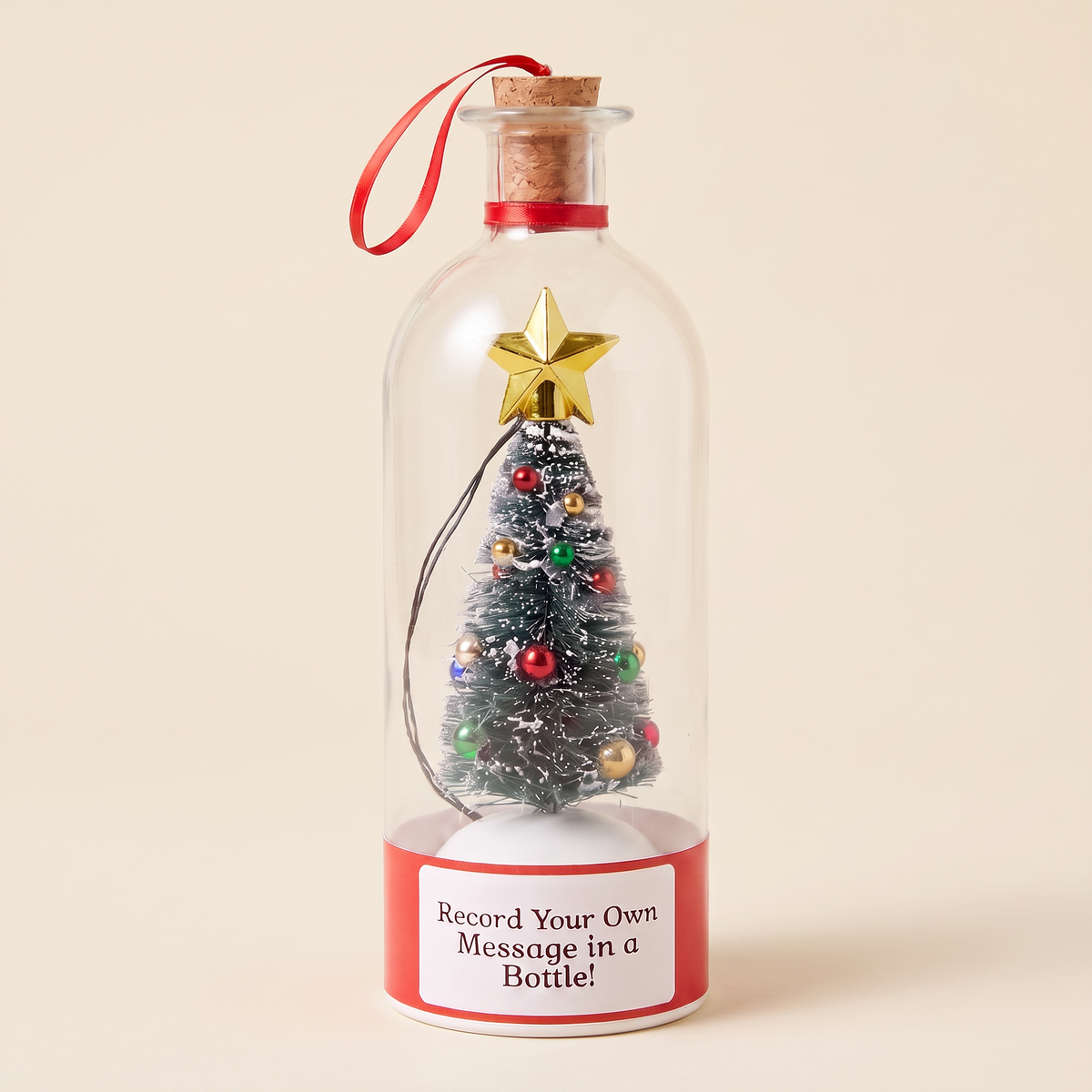 Merry Message recordable Christmas message bottle with snowy tree, gold star and red label