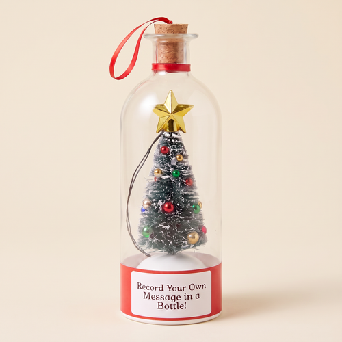 Merry Message recordable Christmas message bottle with snowy tree, gold star and red label