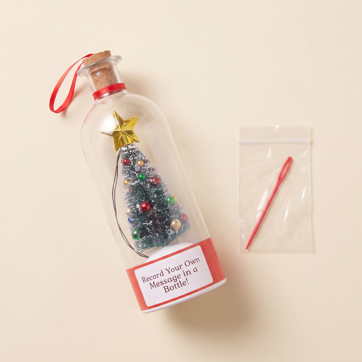 What's in the box: Merry Message glass bottle and red recording pin