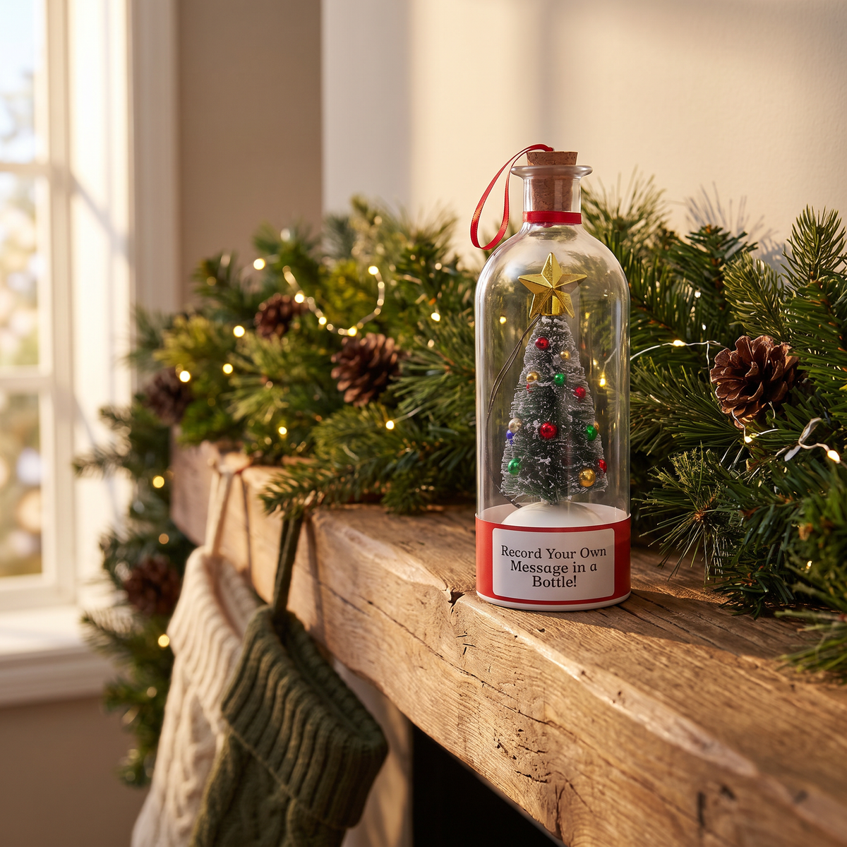 Merry Message bottle standing on a wooden mantel at Christmas